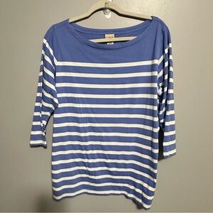 LL Bean Boat Neck  Shirt Women Large Striped Blue White 3/4 Sleeve Coastal Basic